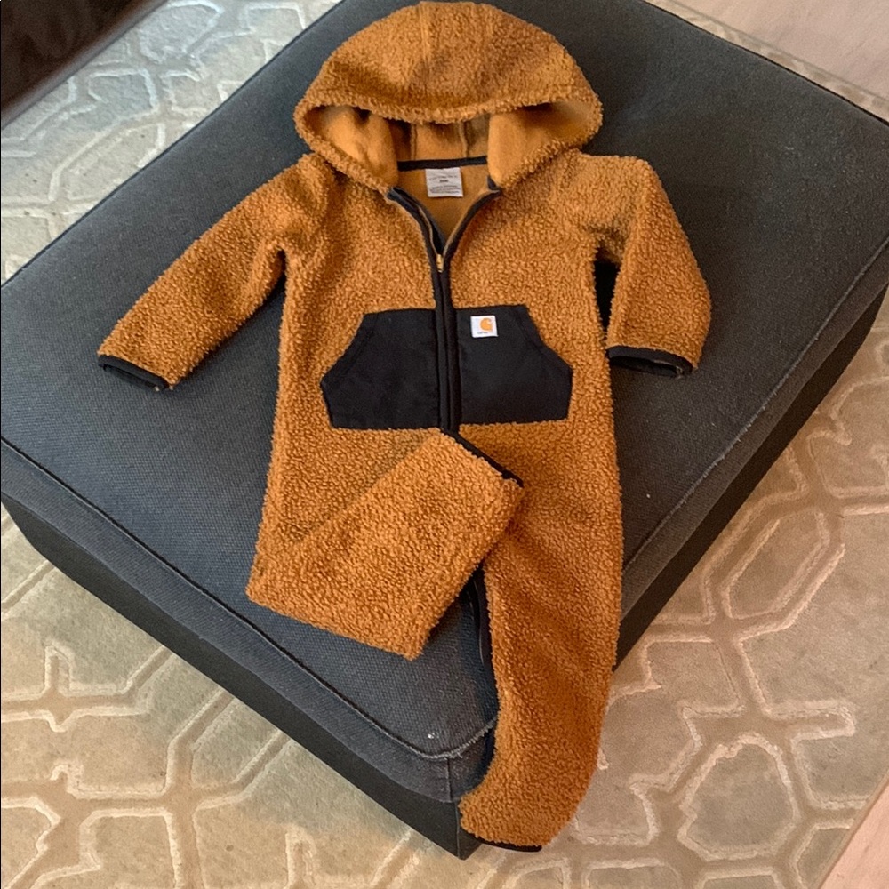 24M Brown Hooded Baby Warm Onesie with Black Pocket